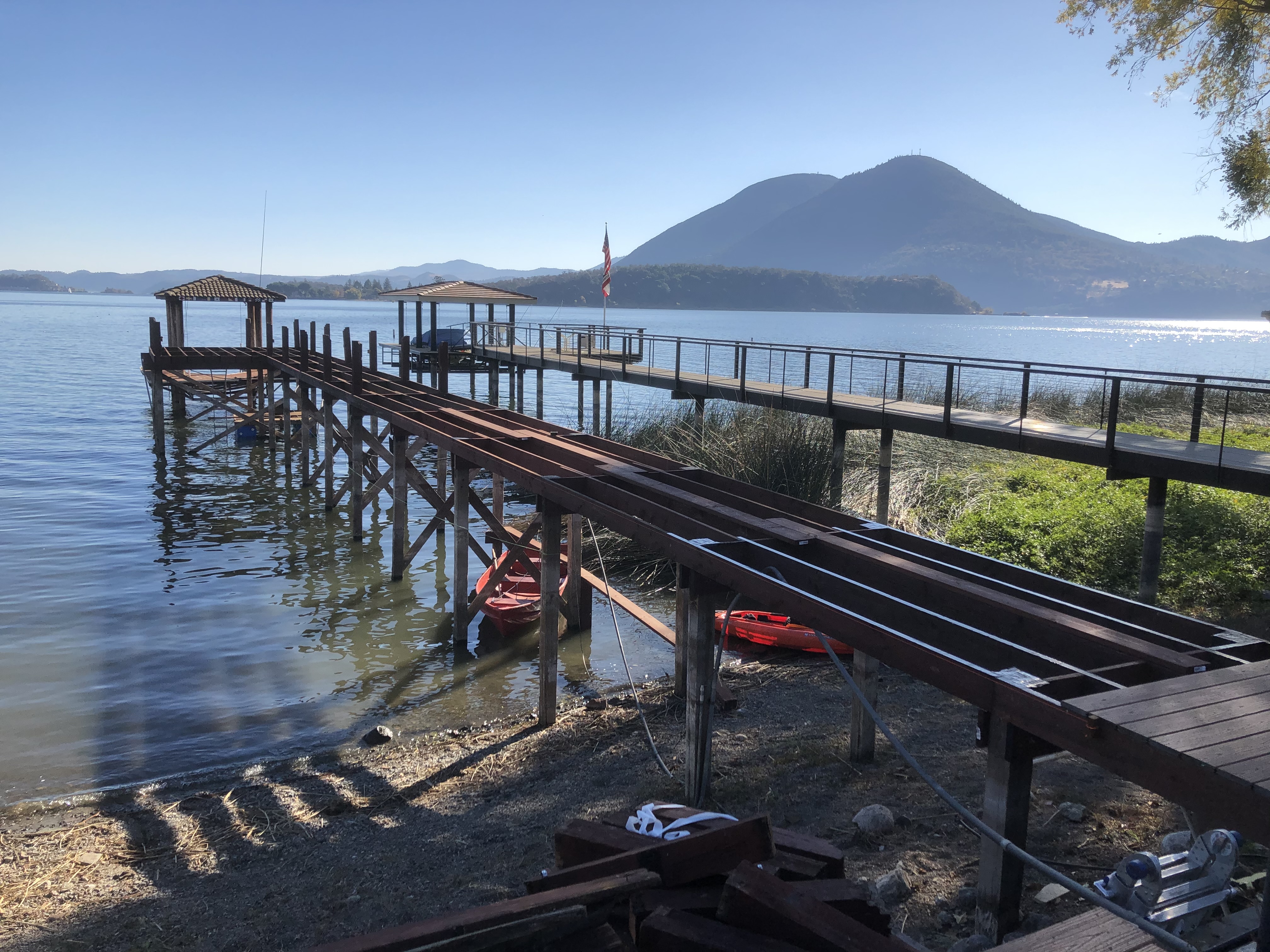 Completed dock with mountain backdrop